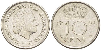 НИДЕРЛАНДЫ 10 ЦЕНТОВ 1961 ЮЛИАНА (1948-1980) KM 182 никель 214-1158
