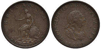 Великобритания 1 фартинг 1799 Георг III (1760-1820) KM 646, Spink 3779 медь 1523-845