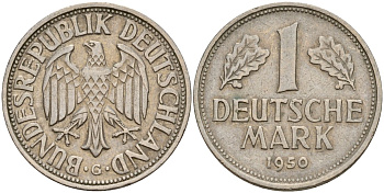 ФРГ 1 марка 1950 G KM 110, J. 385 медно-никель 4159-1026