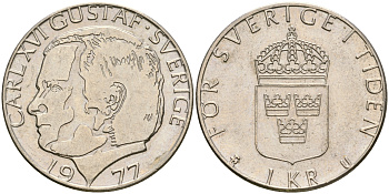 Швеция 1 крона 1977 Карл XVI Густав (1973- ) KM 852 медь плакированная медно-никелем 4364-3441