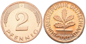 Германия 2 пфеннига 2001 D, в запайке KM 106a сталь плакированная медью PROOF 4617-952