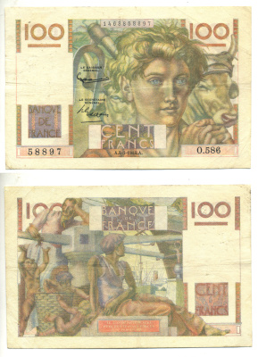 ФРАНЦИЯ 100 ФРАНКОВ 1954 4 МАРТА 1954 Pick 128e бумага 3295-33-2-2