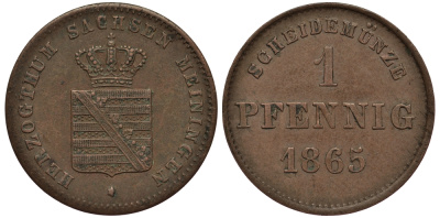 САКСЕН-МАЙНИНГЕН 1 ПФЕННИГ 1865 KM 170, Jaeger 447, AKS 218 медь 00-00