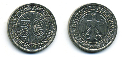 Германия 50 рейхспфеннигов 1927 A KM 49, J. 324 никель 58-129