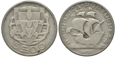ПОРТУГАЛИЯ 5 ЭСКУДО 1933 ПАРУСНИК KM 581 серебро 1527-423