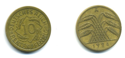 ГЕРМАНИЯ 10 РЕНТЕНПФЕННИГОВ 1924 A KM 33, J. 309, Weege 8 алюминиевая бронза 46-1343