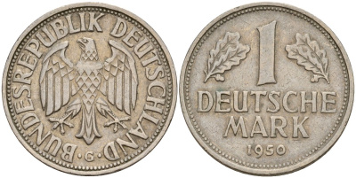 ФРГ 1 марка 1950 G KM 110, J. 385 медно-никель 4159-1026