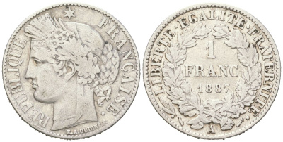 Франция 1 франк 1887 A KM 822.1 серебро 4616-516