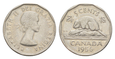 Канада 5 центов 1956 Елизавета II (1952-2022), бобр KM 50a никель 4639-433