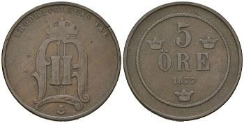 Швеция 5 эре 1877 Оскар II (1872-1907) KM 736 бронза 4175-823
