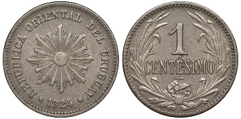 Уругвай 1 сентесимо 1924 KM 19 медно-никель 4169-642