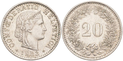 ШВЕЙЦАРИЯ 20 РАППЕНОВ 1983 KM 29a медно-никель 55-1014