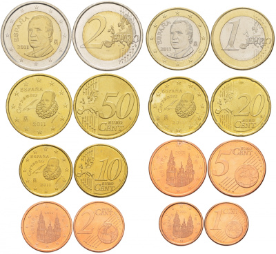 Испания евронабор из 8 монет 2011 1, 2, 5, 10, 20, 50 евроцентов, 1 и 2 евро KM 1040, 1041, 1042, 1070, 1071, 1072, 1073, 1074 N6-13