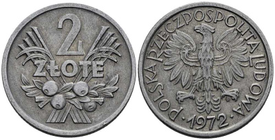 ПОЛЬША 2 ЗЛОТЫХ 1972 MW KM 46 алюминий 117-612