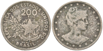 Бразилия 200 реалов 1901 MCMI, голова свободы вправо KM 504 медно-никель 4612-226