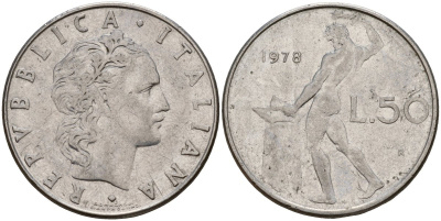 Италия 50 лир 1978 R, бог Вулкан у наковальни KM 95.1 нержавеющая сталь 4156-737
