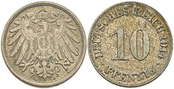 ГЕРМАНИЯ 10 ПФЕННИГОВ 1914 D KM 12, J. 13, Weege 8 медно-никель 212-313