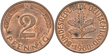 ФРГ 2 пфеннига 1980 F KM 106a, J.381 сталь плакированная медью 4115-364
