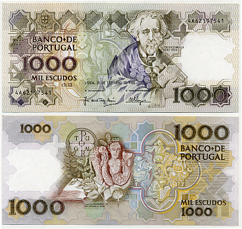 ПОРТУГАЛИЯ 1000 ЭСКУДО 1990 20.12.1990, Теофилу Брага, подписи 1-2 Pick 181h бумага aUNC 8564-9-3