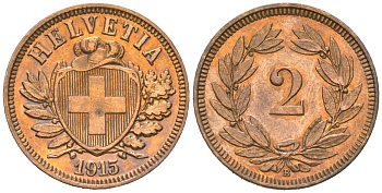 Швейцария 2 раппена 1915 B KM 4 бронза 4189-543