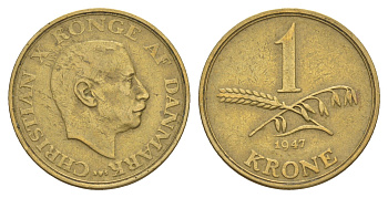 Дания 1 крона 1947 N, Кристиан X (1912-1947) KM 835 алюминиевая бронза 4638-655