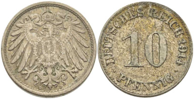 ГЕРМАНИЯ 10 ПФЕННИГОВ 1914 D KM 12, J. 13, Weege 8 медно-никель 212-313