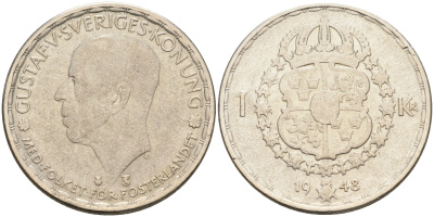 Швеция 1 крона 1948 TS, Густав V (1907-1950) KM 814 серебро 4589-851
