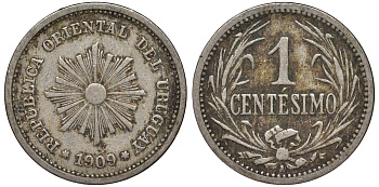 Уругвай 1 сентесимо 1909 KM 19 медно-никель 4169-566