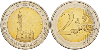 ФРГ 2 евро 2008 F, серия федеральные земли, церковь Св. Михаила в Гамбурге KM 261 биметалл UNC 4517-741