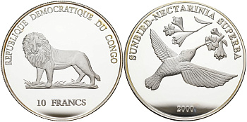 Конго 10 франков 2000 колибри (sunbird-nectarinia superba) серебро PROOF 04-137-24