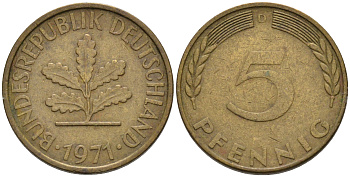 ФРГ 5 ПФЕННИГОВ 1971 D KM 107, J. 382 сталь плакированная латунью 75-464