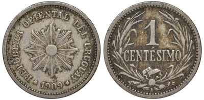 Уругвай 1 сентесимо 1909 KM 19 медно-никель 4169-566