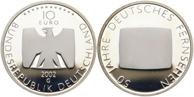 ФРГ 10 евро 2002 G, 50 лет немецкому телевидению KM 219, DE.S. 10.5 серебро PROOF 02-070-16