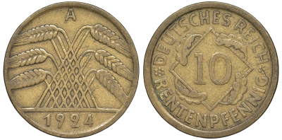 Германия 10 рентенпфеннигов 1924 A KM 33, J. 309 алюминиевая бронза 4604-637