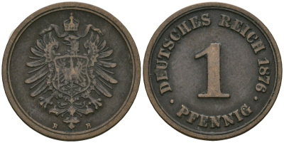 Германия 1 пфенниг 1876 B, Вильгельм I (1871-1888) KM 1, J. 1 медь 4602-1048