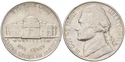 США 5 центов 1991 D, Джефферсон KM A192 медно-никель 4611-215