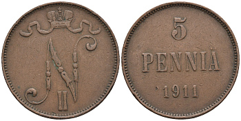 Россия для Финляндии 5 пенни 1911 Николай II (1894-1917) KM 15, Биткин 451 медь 85-325