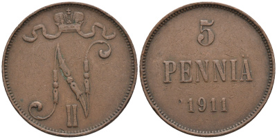 Россия для Финляндии 5 пенни 1911 Николай II (1894-1917) KM 15, Биткин 451 медь 85-325