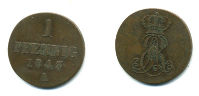 Ганновер 1 пфенниг 1843 A, Эрнст Август (1837-1851) KM 173.1, AKS 126, J. 54 медь 35-167