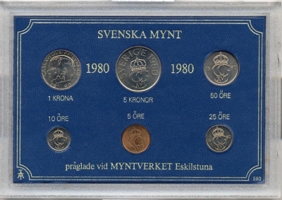Швеция набор из 6 монет 1980 официальный набор монетного двора, Карл XVI Густав (1973- ) UNC 2-4-1-35