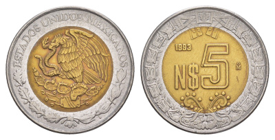 Мексика 5 песо 1993 Mo KM 552 биметалл aUNC 4637-646