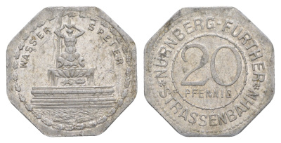 Нюрнберг трамвайный (транспортный) жетон в 20 пфеннигов ND (1920-1921) Фонтан Гаргулья Men05 19256.46, Men18 24102.46 алюминий 4638-352