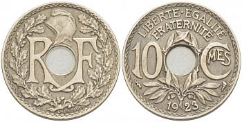 ФРАНЦИЯ 10 САНТИМОВ 1923 tb, ТИП ЛИНДАЙЁ, МОНЕТНЫЙ ДВОР ПУАССИ, МОЛНИЯ KM 866а, LE FRANC 138.9 медно-никель 4402-746