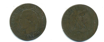 Франция 5 сантимов 1855 B, Наполеон III (1852-1870) KM 777.2, LE FRANC 116.19 бронза 37-341