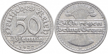ГЕРМАНИЯ 50 ПФЕННИГОВ 1922 D KM 27, J. 301, Weege 10 алюминий 77-626