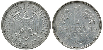 ФРГ 1 МАРКА 1975 D KM 110, J. 385 медно-никель aUNC 72-843