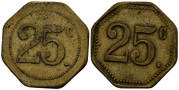 Франция 25 сантимов XIX-XX век ресторанный жетон латунь 4166-442