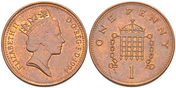 Великобритания 1 пенни 1994 Елизавета II (1952-2022) KM 935a, Spink 4391 (B4) сталь плакированная медью 175-614