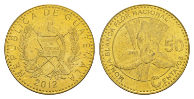 Гватемала 50 сентаво 2012 KM 283a сталь плакированная латунью UNC 4642-827