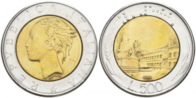 ИТАЛИЯ 500 ЛИР 1983 R БРАК, поворот на 20 градусов KM 111 биметалл 186-233